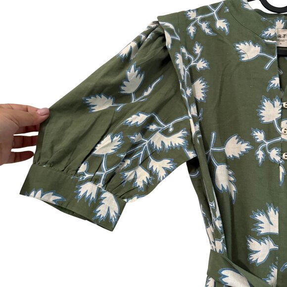 Mirth Green Fig Leaf Print Belted Puff Sleeve Ruffle Hem Midi Dress Womens Small - Picture 4 of 7